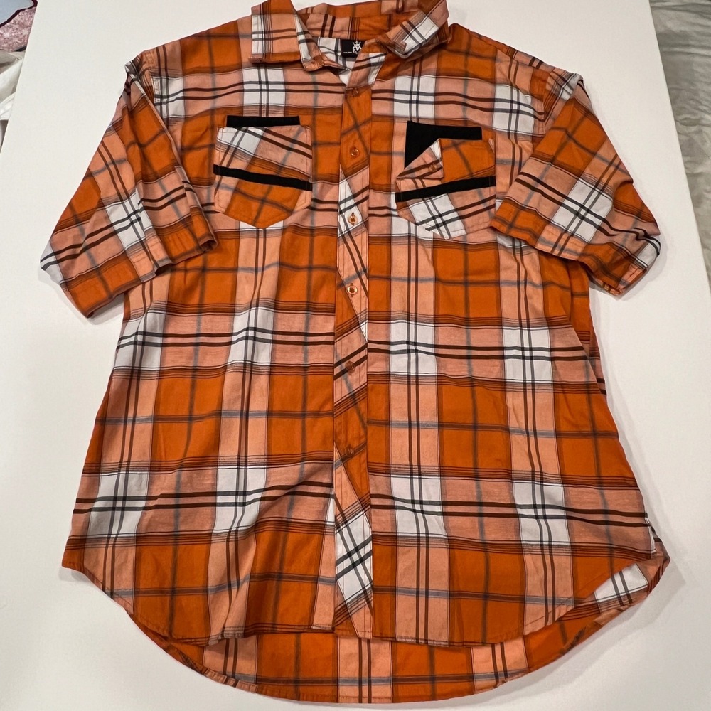 Red Ape 2XL Orange Plaid Y2K Hip Hop Skater Streetwear Button-Up Shirt